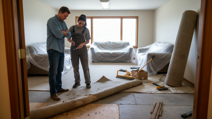 Homeowner considering carpet replacement while discussing pet odor issues.