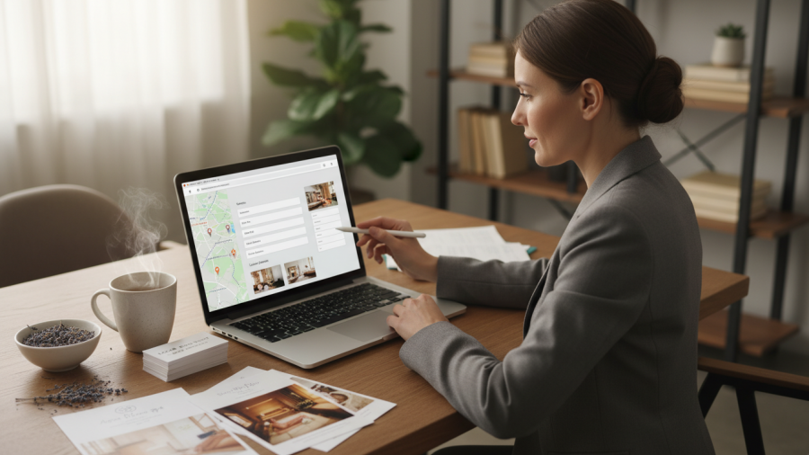 Business professional enhancing spa profile online with brochures and tea, boosting local SEO for spas.