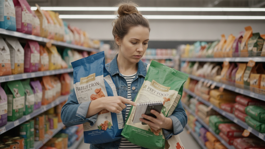 Thoughtful shopper comparing Sacramento pet food brands for best pet nutrition.