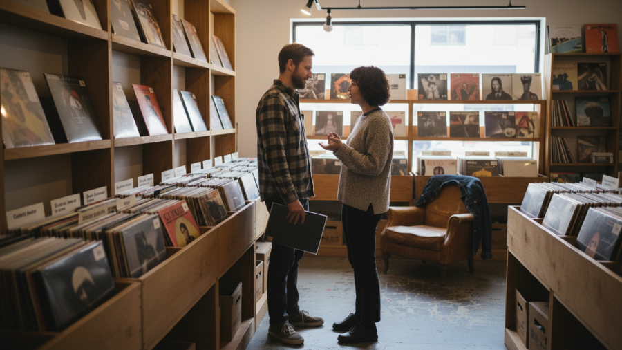 Quiet moment in a Sacramento vinyl revival shop, showcasing the benefits of vinyl records experience.