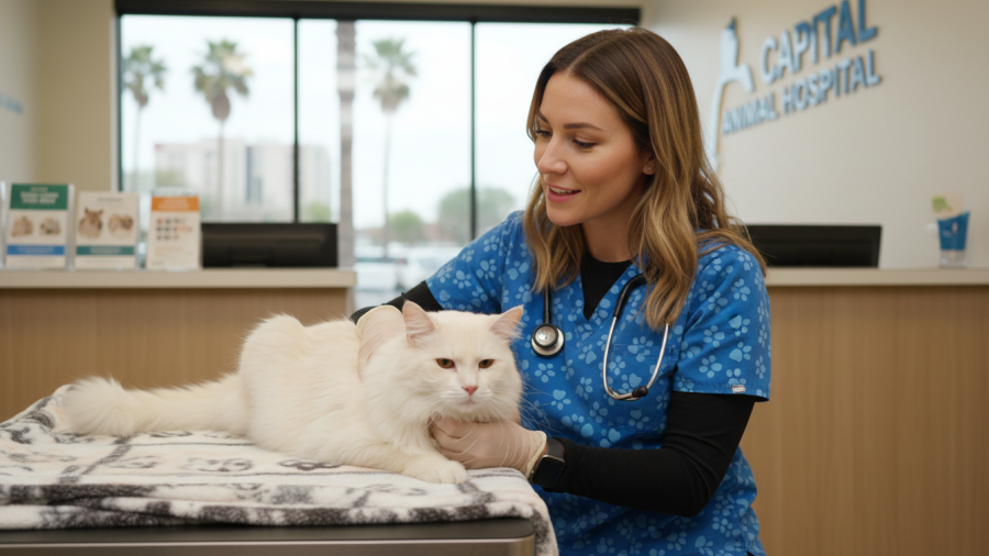 Sacramento vet gently examines senior cat, showcasing caring veterinary service.