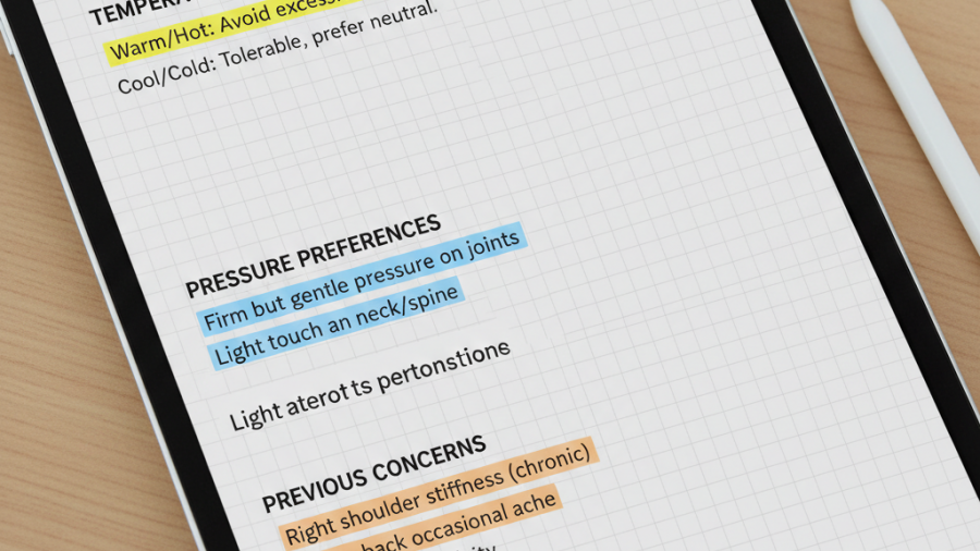 Digital notes highlighting luxury spa personalization preferences for guests.