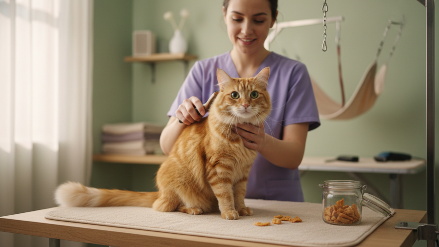 Gentle grooming for anxious cats at Sacramento salon, ensuring comfort and care.
