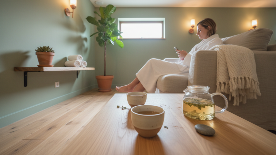 Relaxing lounge area showcasing natural materials for a personalized spa experience in Bend.