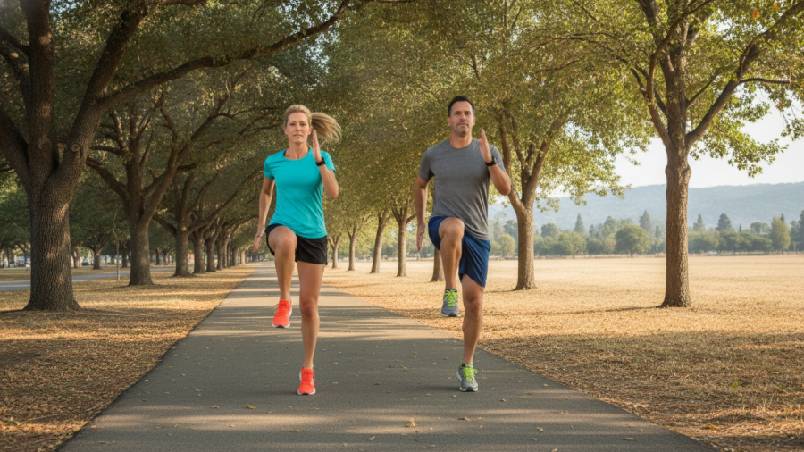 Two adults perform high knees for cardio in a Sacramento park, showcasing jump rope alternatives.