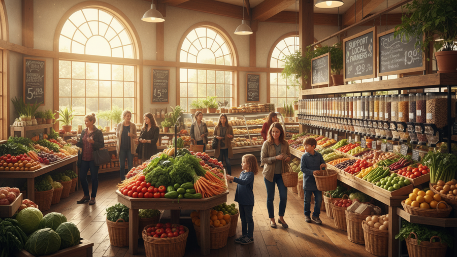 Shoppers explore a vibrant natural foods co-op, highlighting benefits of joining.