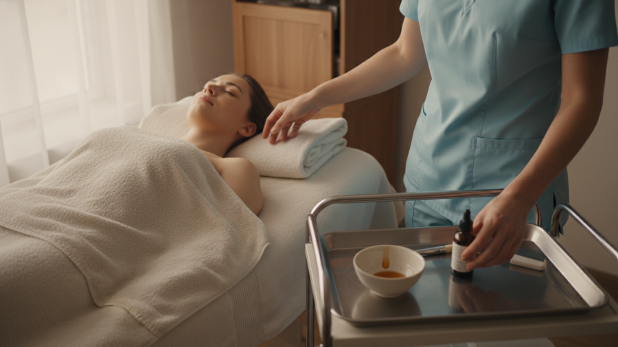 Practitioner transitioning during aesthetic treatment, showcasing calm ambiance.