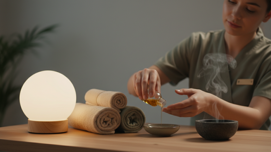 Minimalist spa workspace with essential oils, warm lighting, and relaxed expressions.