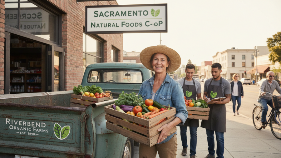 Farmer delivers fresh organic produce to Sacramento Natural Foods Co-op.
