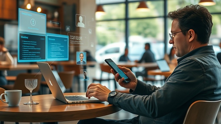 Person multitasking at a coffee shop with laptop and smartphone, showcasing Large Language Models in action.