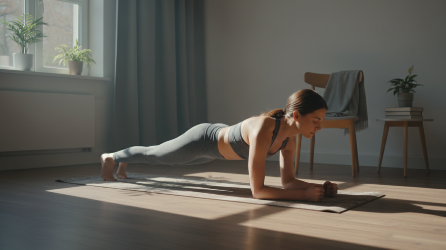 Effective workouts at home; person performing a controlled bodyweight squat.