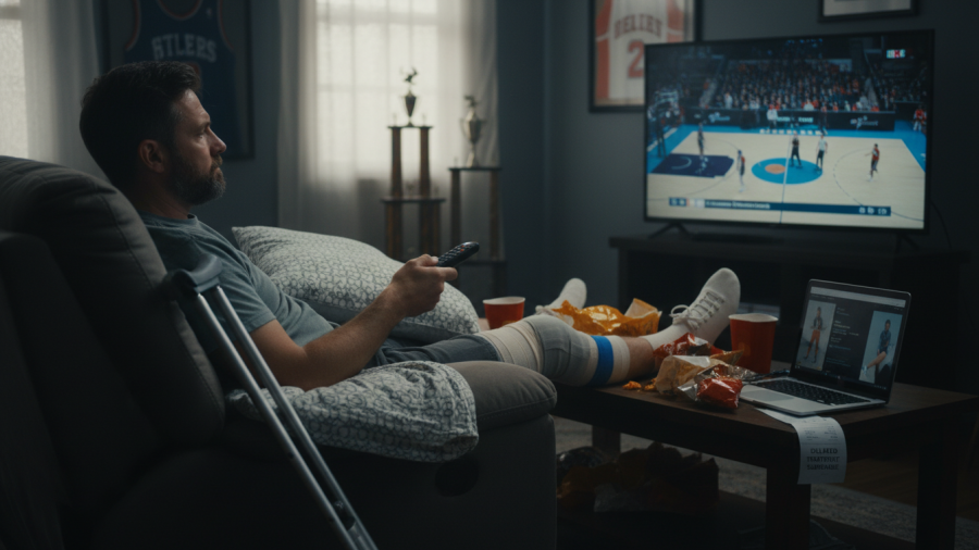 Inactive adult watching sports, highlighting delaying injury treatment effects.