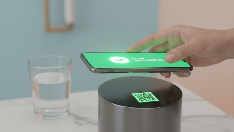 Guest's hand scanning QR code at check-in, highlighting a seamless experience.