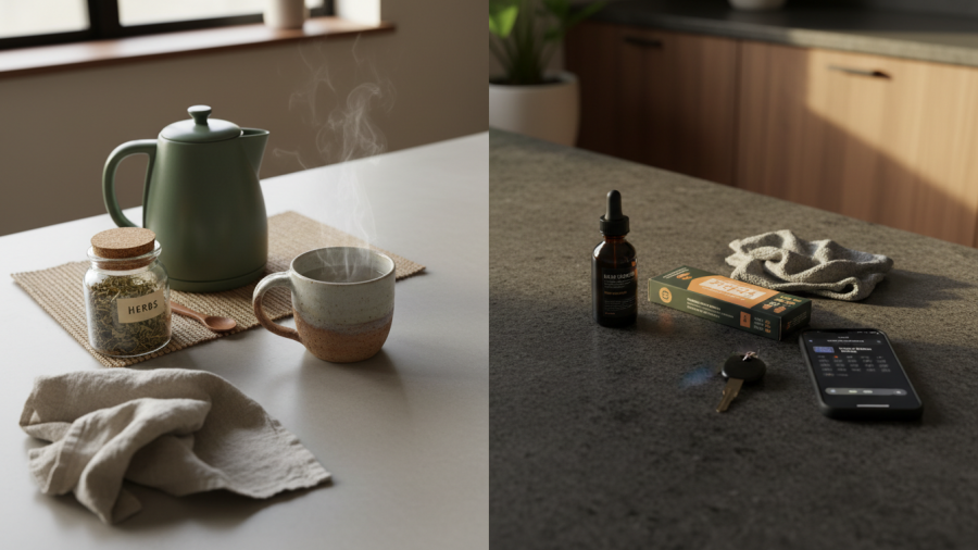 Contrasting lifestyles: a cozy kettle setup vs. grab-and-go essentials on a kitchen counter.