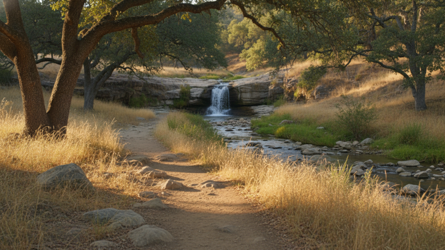 Scenic trail at Hidden Falls Regional Park leading to a tranquil waterfall.