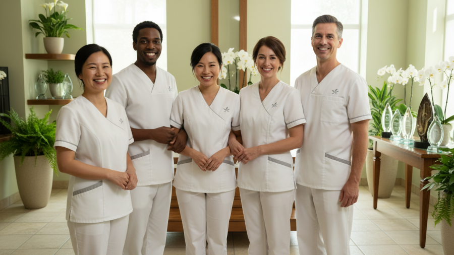 Joyful spa team portrait in bright interior, showcasing diverse staff in professional uniforms.