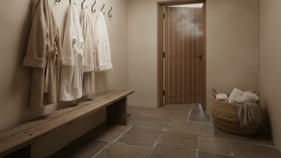 Cozy transition area for guests, highlighting private bathhouse experience in Palo Alto.