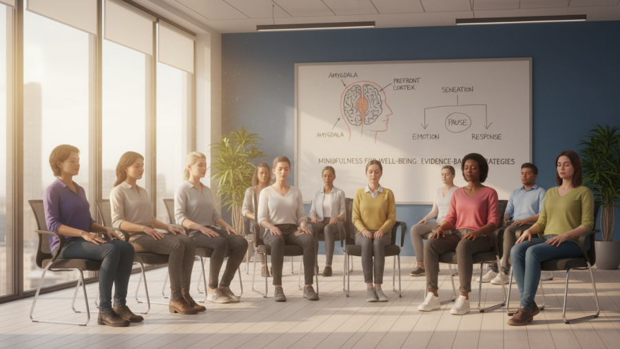 Diverse adults practicing mindfulness, enhancing benefits of mindfulness and present moment awareness.