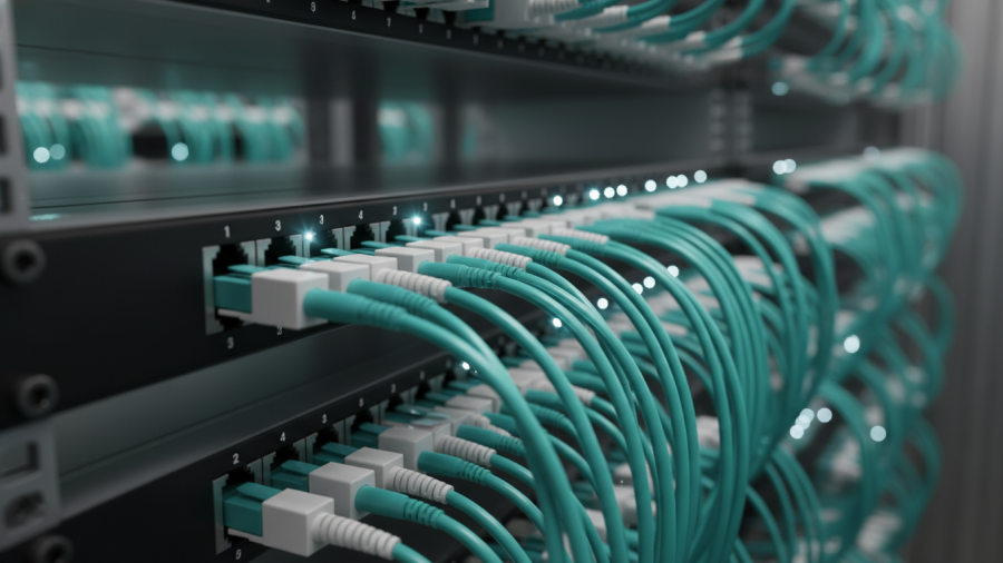 Close-up of teal fiber optic cables in a server panel, ideal for business broadband for day spas.