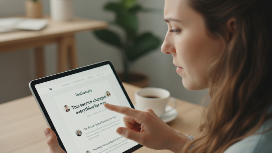 Visitor scrolling through website, intrigued by testimonials, showcasing real engagement.