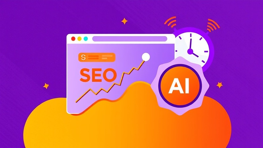 Vibrant illustration of AI in marketing with SEO elements on a textured purple background.