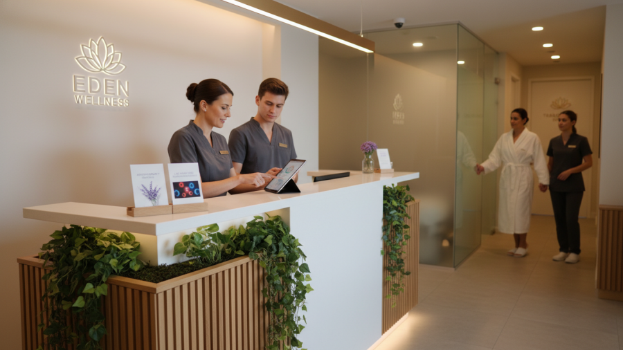 Contemporary spa front desk showcasing excellent service and team coaching.