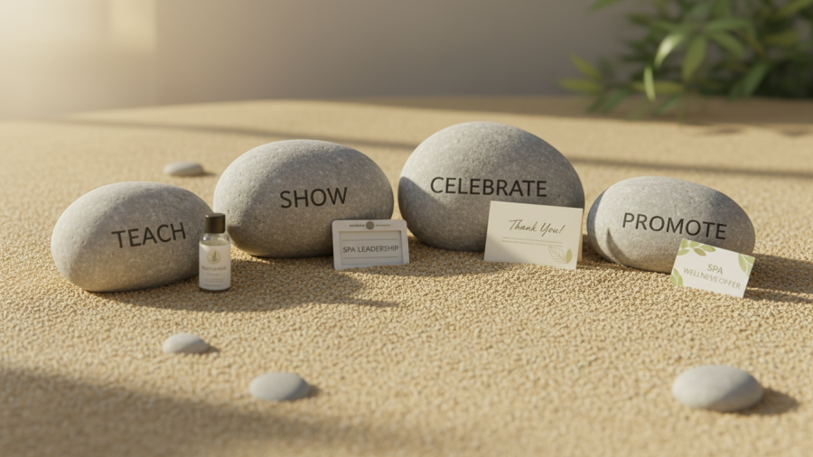 River stones symbolize spa marketing pillars: Teach, Show, Celebrate, Promote.