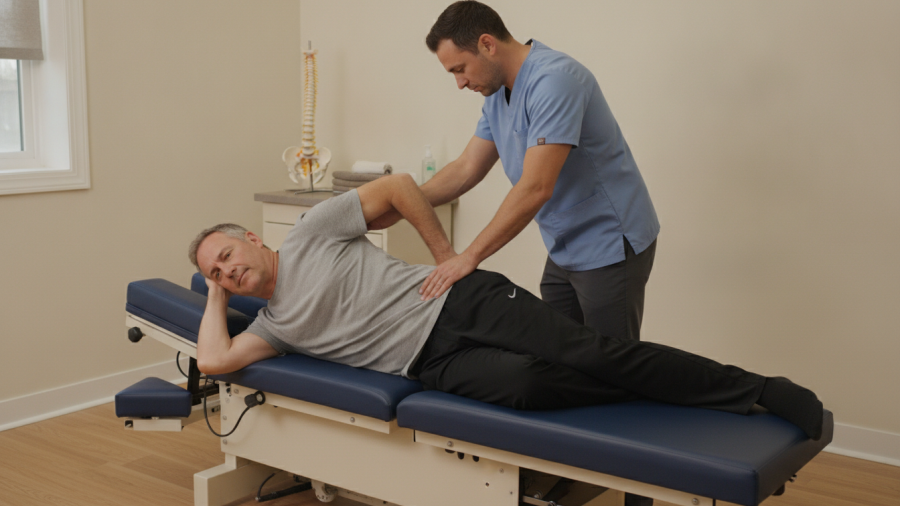 Chiropractor providing hands-on lower back treatment to a patient with sciatica symptoms on an adjustment table