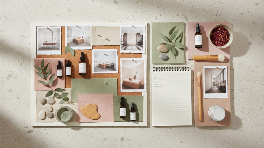 Aesthetic flat lay spa mood board with holistic products and eucalyptus leaves.