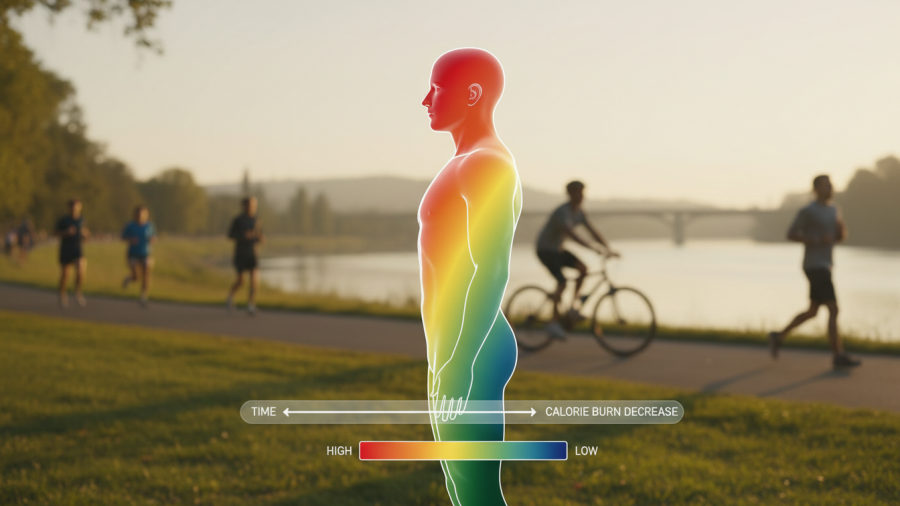 Fitness nutrition visual: body outline with heat-map colors showing calorie burn decline.