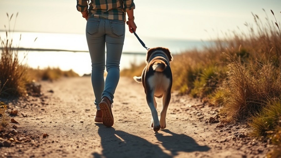 Person walking a medium-sized dog on Brown's Ravine trail, Folsom Lake.