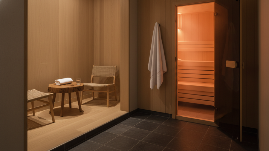 Discover the calming transition space in a bathhouse, perfect for first-time visitors.
