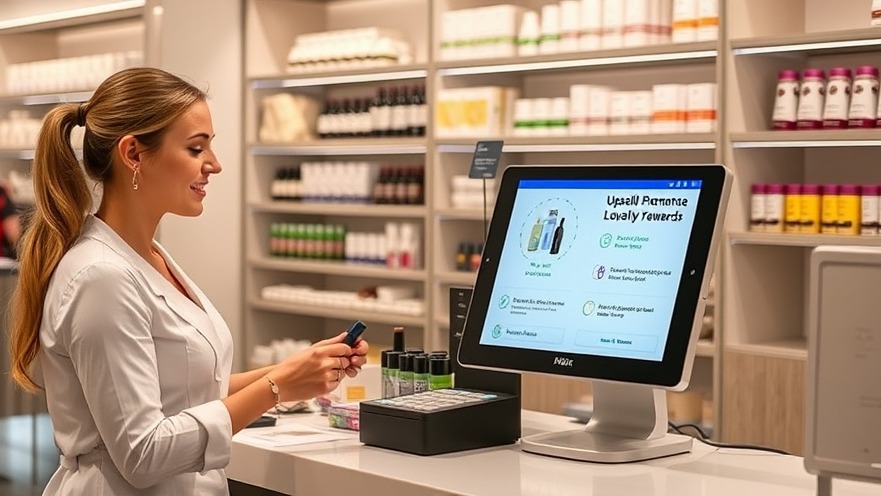 Spa therapist at checkout with digital POS, upselling products and loyalty rewards.