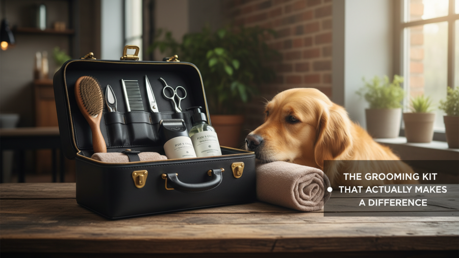 Essential grooming tools for at-home dog grooming to enhance dog dental care.