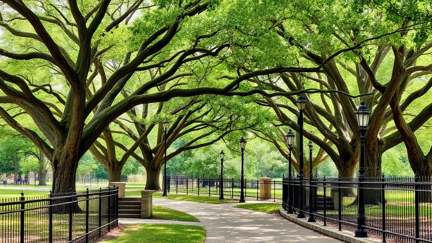 Peaceful paved walking path through sycamore trees with lampposts.