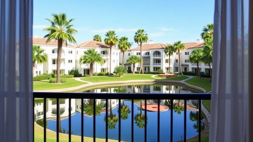 Serene view from guest room balcony at Indian Springs with ponds and palms.