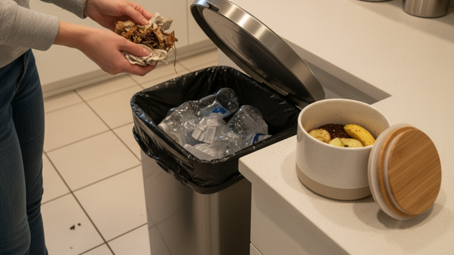A person sorting food scraps for vermicomposting to create nutrient-rich compost.