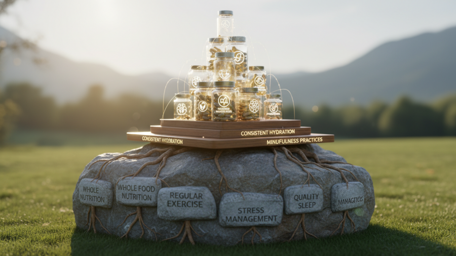 Supplements on a wooden table, highlighting NAD health benefits and natural aging solutions.