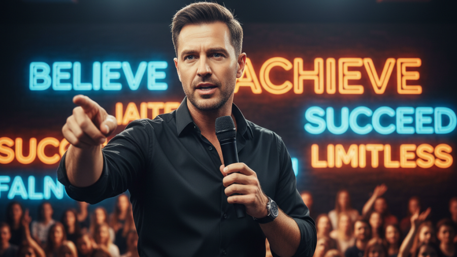 Motivational speaker inspiring wellness professionals at a vibrant spa success event.