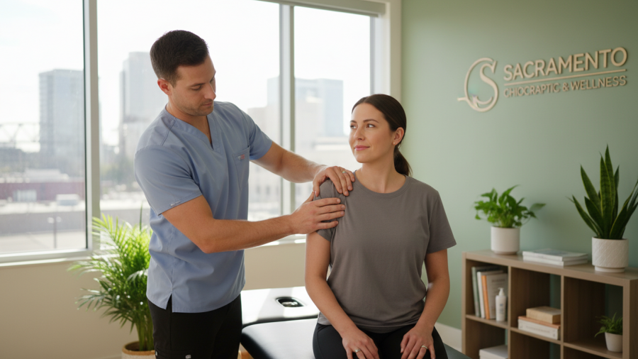 Male chiropractor in Sacramento offering natural shoulder pain treatment in a calming clinic.