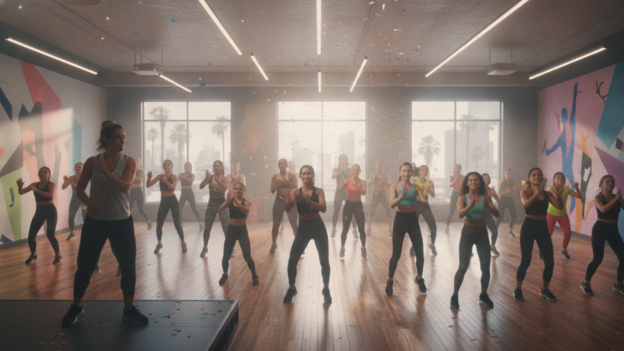 Energetic dance fitness class in Sacramento's vibrant indoor studio.