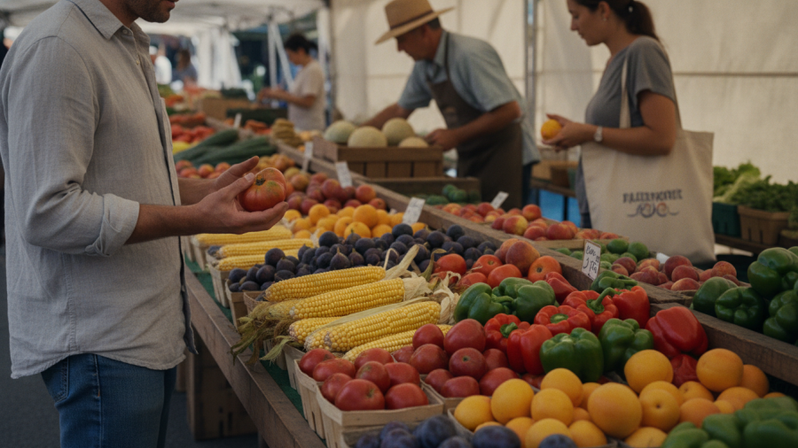 A shopper selects seasonal produce at the Davis Farmers Market 50th anniversary.