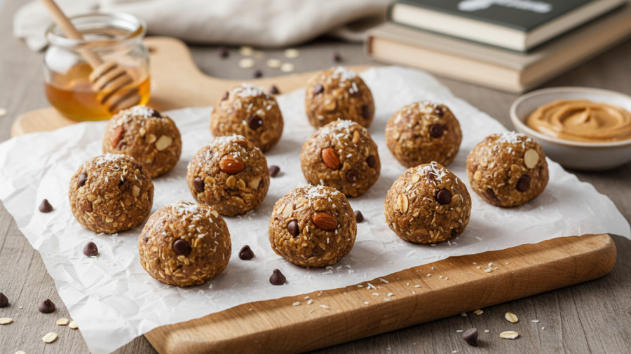 Nutritious bites: Easy energy snacks with fresh blueberries in an energy balls recipe.