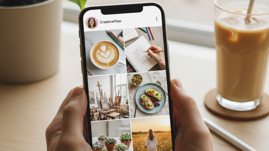 Smartphone showcasing optimized social media images in correct dimensions.