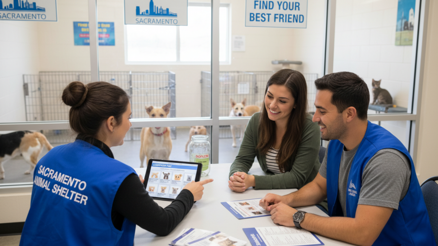 Sacramento shelter staff assisting with adoption questions for pets.