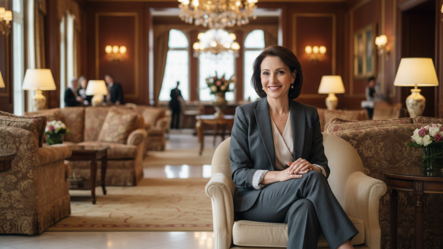 Elegant businesswoman in a luxurious hotel lobby, reflecting future of spa wellness trends.