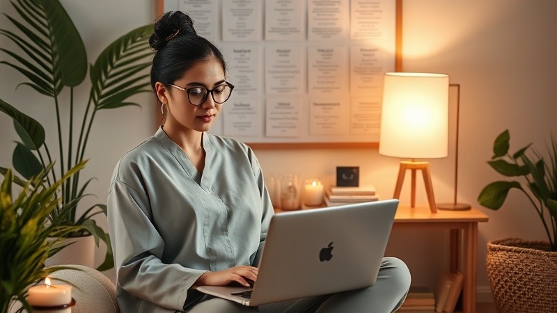 Woman working on spa business development indoors with laptop.