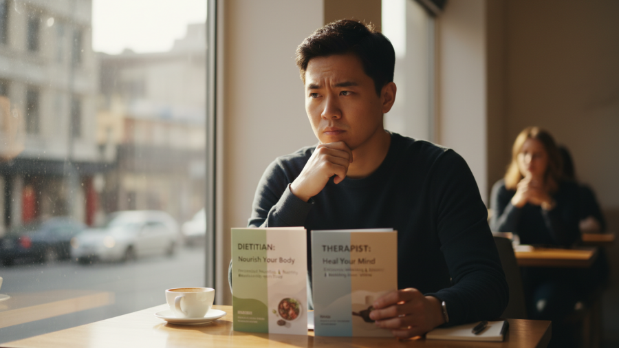 Introspective person pondering dietitian or therapist for eating issues