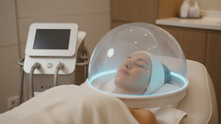 Client enjoying a luxe Dior oxygen facial treatment inside a mist dome.