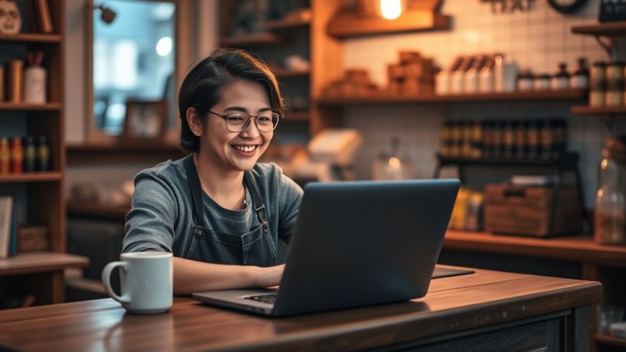 Small business marketing: owner using AI marketing automation at evening shop